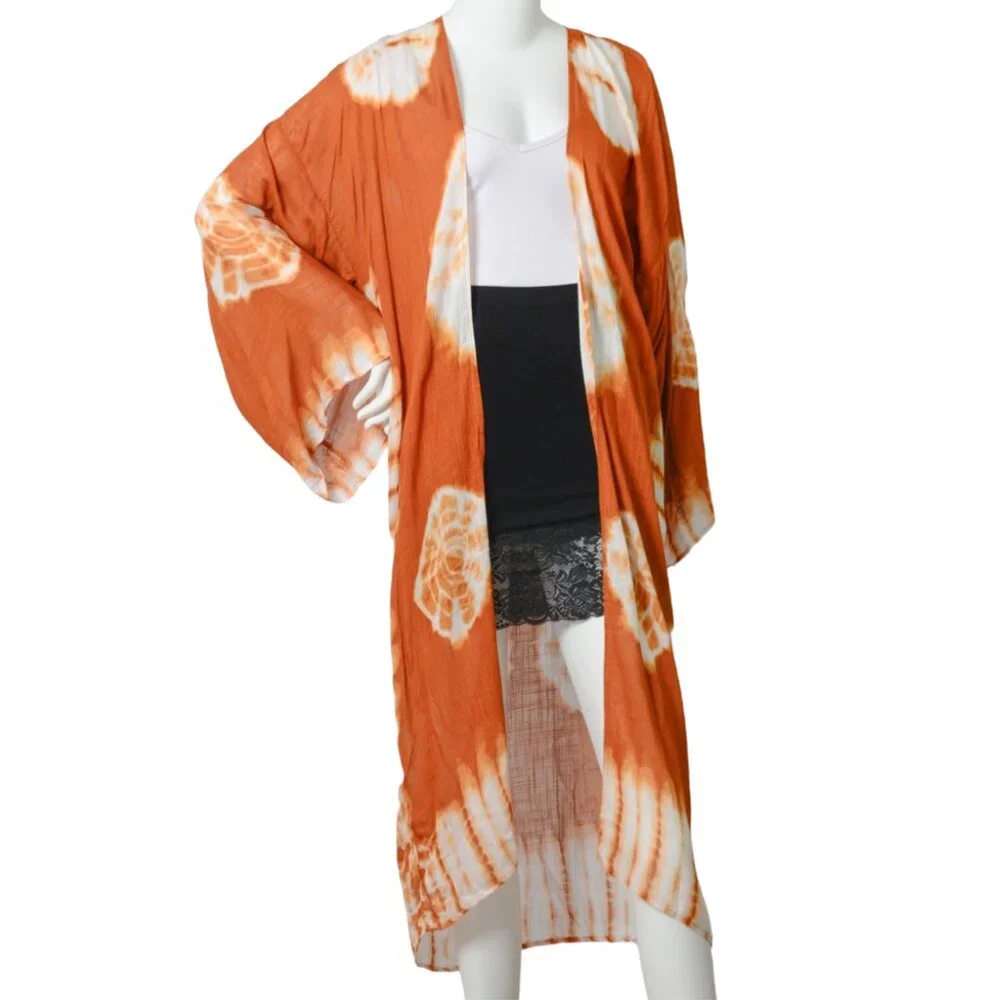 Rust Tie Dye Kimono Long Length Sleeve One Size Boho Duster Cardigan - Picture 3 of 3